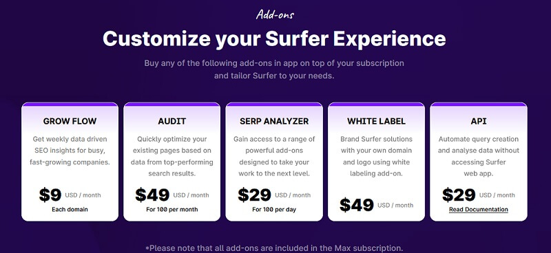 surfer seo add ons pricing